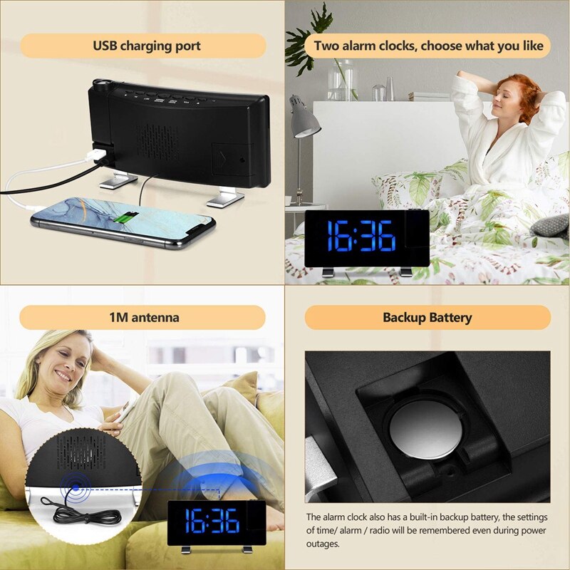 Projection Alarm Clock, 7 inch LED Curved-Screen Large Digital Display, Adjust Brightness Automatically, 12/24 Hour,Dual Alarm