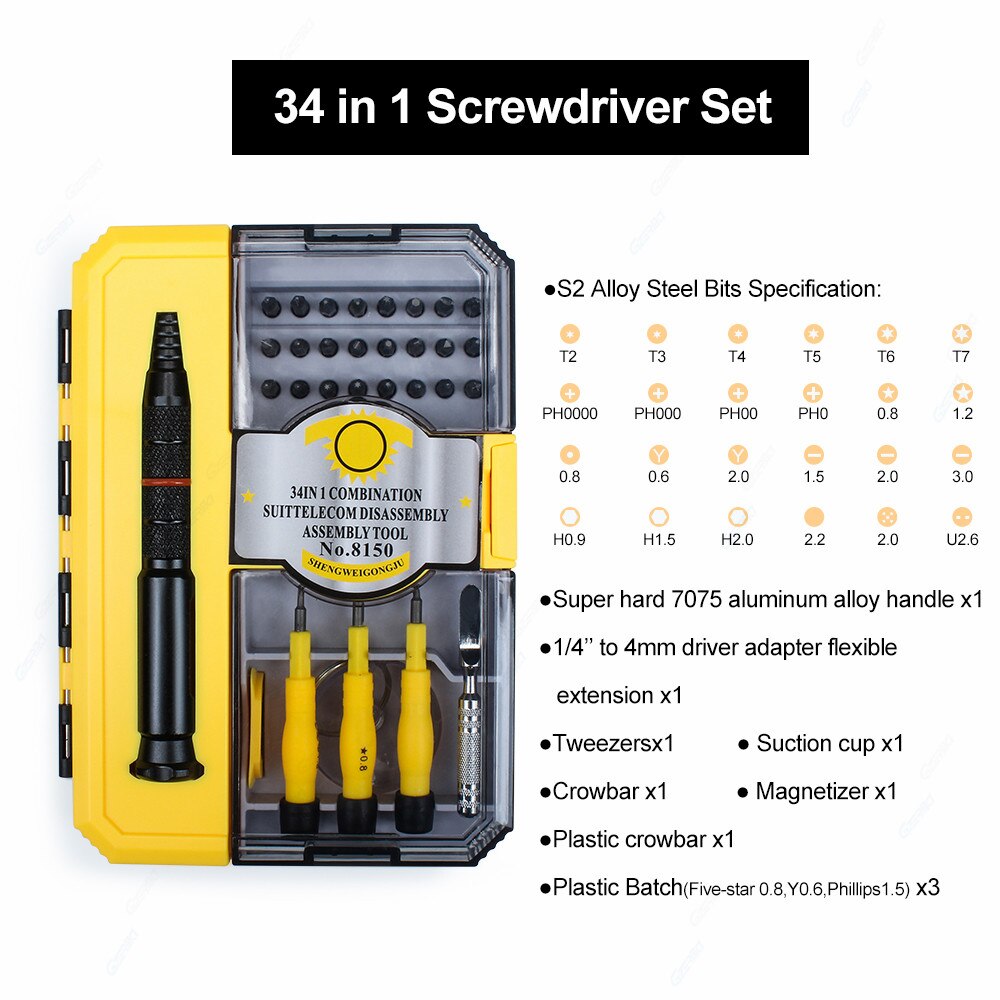 Smartphone reparatieset met 34 in-in -1 precisieschroevendraaierset voor reparatie van iphone, samsung en xiaomi-telefoons
