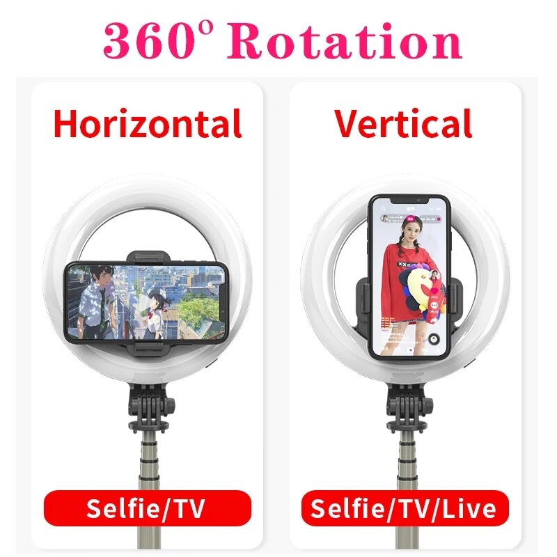 Selfie Stick Tripod - 90cm Extendable - Bluetooth Remote - 5in LED Ring Light - Aluminum & PC