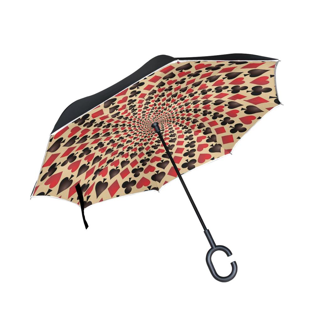 Traje de cartas de póker , Asa de gancho en C, plegable inverso, doble capa, a prueba de viento, sol y lluvia paraguas para, caña de coche de pesca: Borgoña