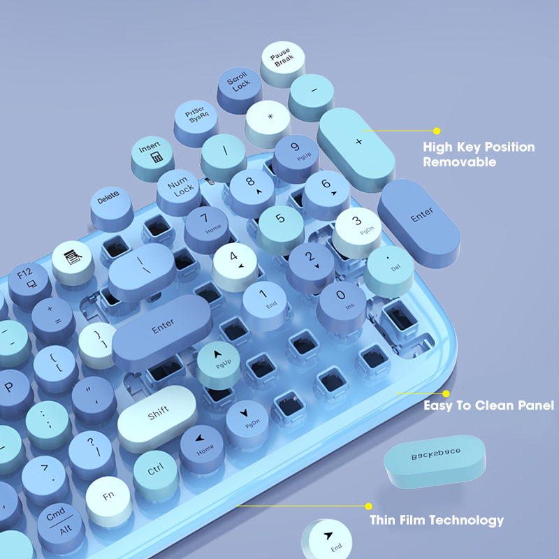 MOfii Wireless Keyboard Mouse set 2.4G Round Cute Candy Colors Blue Keyboard and Optical Mouse Set For Computer Home Office Use