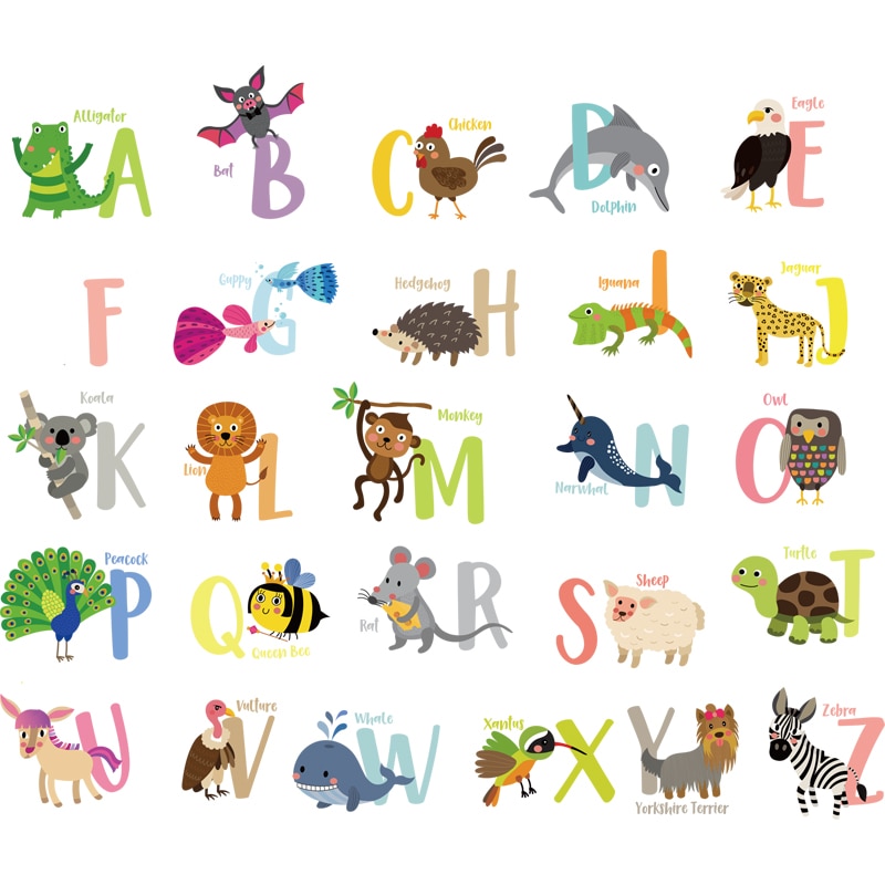 26 Engels Alfabet Muurstickers Cartoon Dieren Letters Home Decoratie Art Decals Voor Kinderkamer Baby Onderwijs Sticker