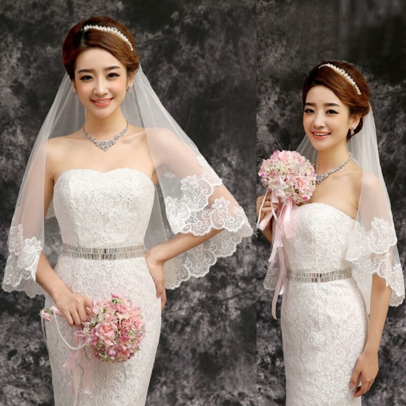 Frauen 150cm Braut Kurze Hochzeit Schleier Weiß Eine Schicht Spitze Blume Rand Appliques