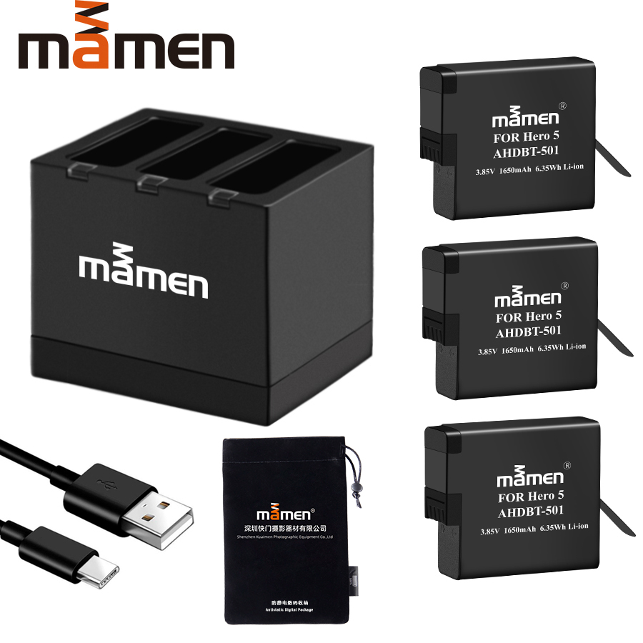 Mamen 3pcs Gopro 501 Go pro AHDBT 501 Digitale Batterij + Type-C Lader voor GoPro Hero 5 6 7 zwart Sport Action Camera Batterij