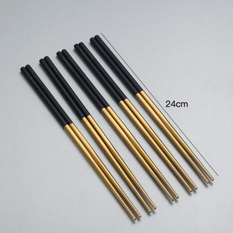 WORTHBUY 5 Pairs Juego de coloridos palillos chinos de acero inoxidable 304 para palillos de comida de Sushi palillos chinos reutilizables antideslizantes: 24cm Black