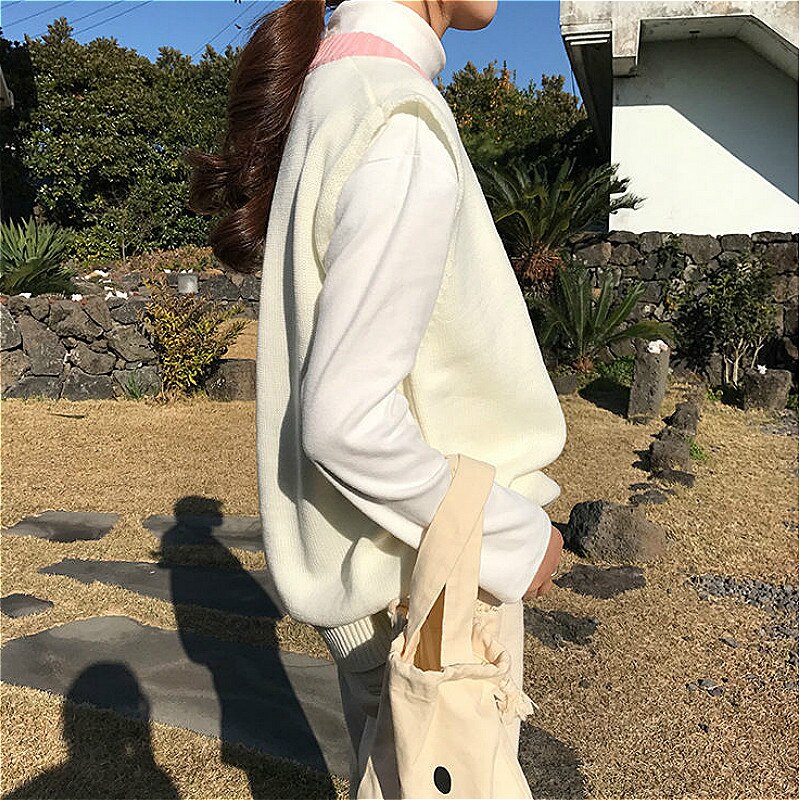 Pull gilet femmes sans manches à la col en v étudiant broderie Patchwork tout-match populaire Feminino Simple doux tricot Kawaii