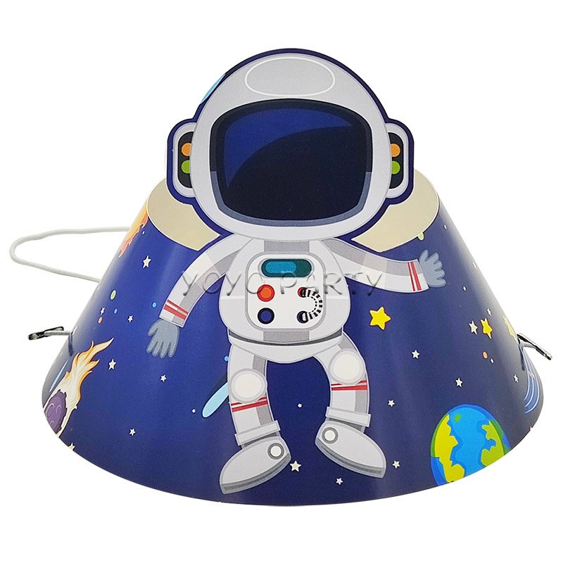 6 uds de cumpleaños sombrero de papel gorro para chico niño astronauta nave espacial Solar bebé ducha partido suministros Deco con banda elástica: Default Title