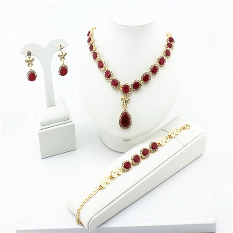 jiayijiaduo multicolor crystal gold-color jewelry necklace earrings accessories of women European african jewelry sets: Dark red