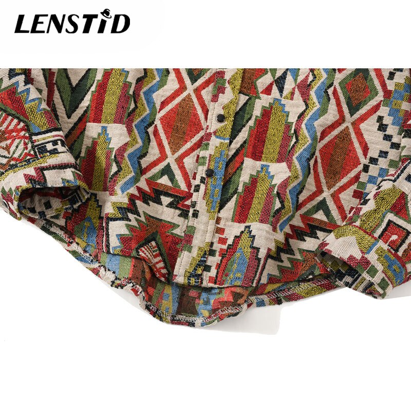 LENSTID Men Hip Hop Long Sleeve Knitted Shirt National Style Geometric Pattern Harajuku Streetwear Vintage Casual Loose Shirts