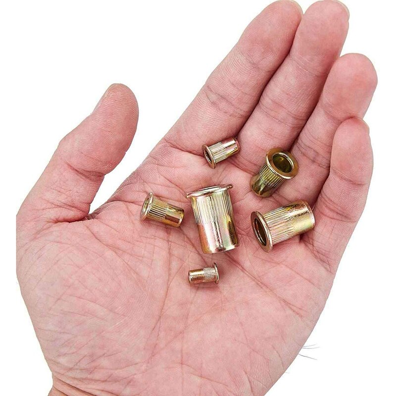 Juego de tuercas de remache de acero al carbono, Kit surtido de tuercas de inserción roscada de cabeza plana en M3 M4 M5 M6 M8 M10, 6 tamaños, 160 Uds.