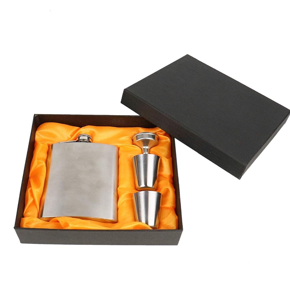 Hip Flask Set 7 Oz Portable Stainless Steel Liquor Set 2 Shot Glass+1Funnel+1Gift Box For Men/Women