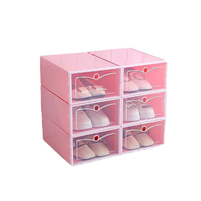 6Pcs Plastic Shoe Box Stackable Foldable Shoe Organizer Drawer Storage Case with Flipping Clear Door Ladies Men 33.5x23.5x13cm: S-Pink