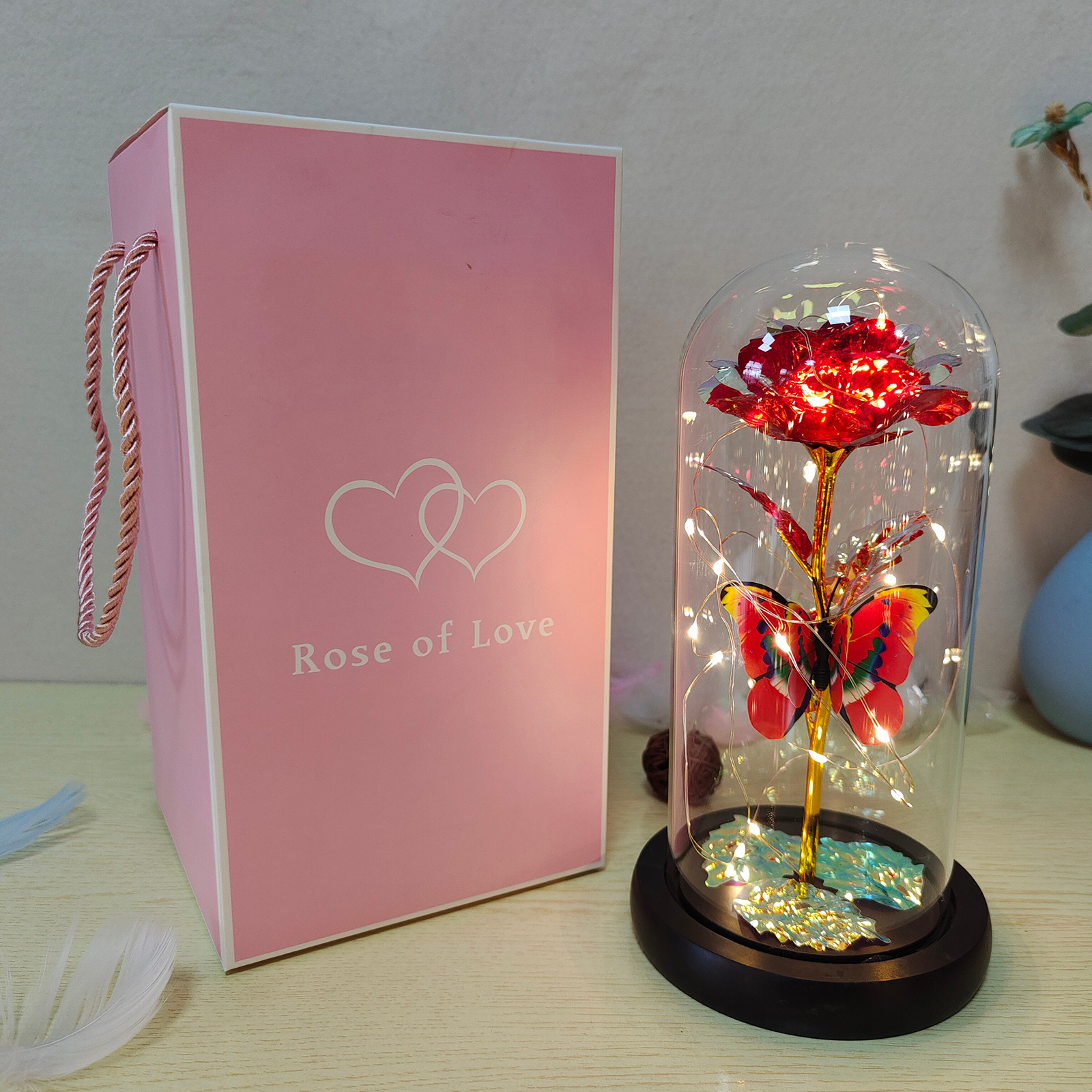 Roze Licht Kunstmatige Galaxy Rose Lamp Met Vlinder En Kleurrijke Led Rozenbloemen In Glazen Batterij Aangedreven Voor Vrouwen