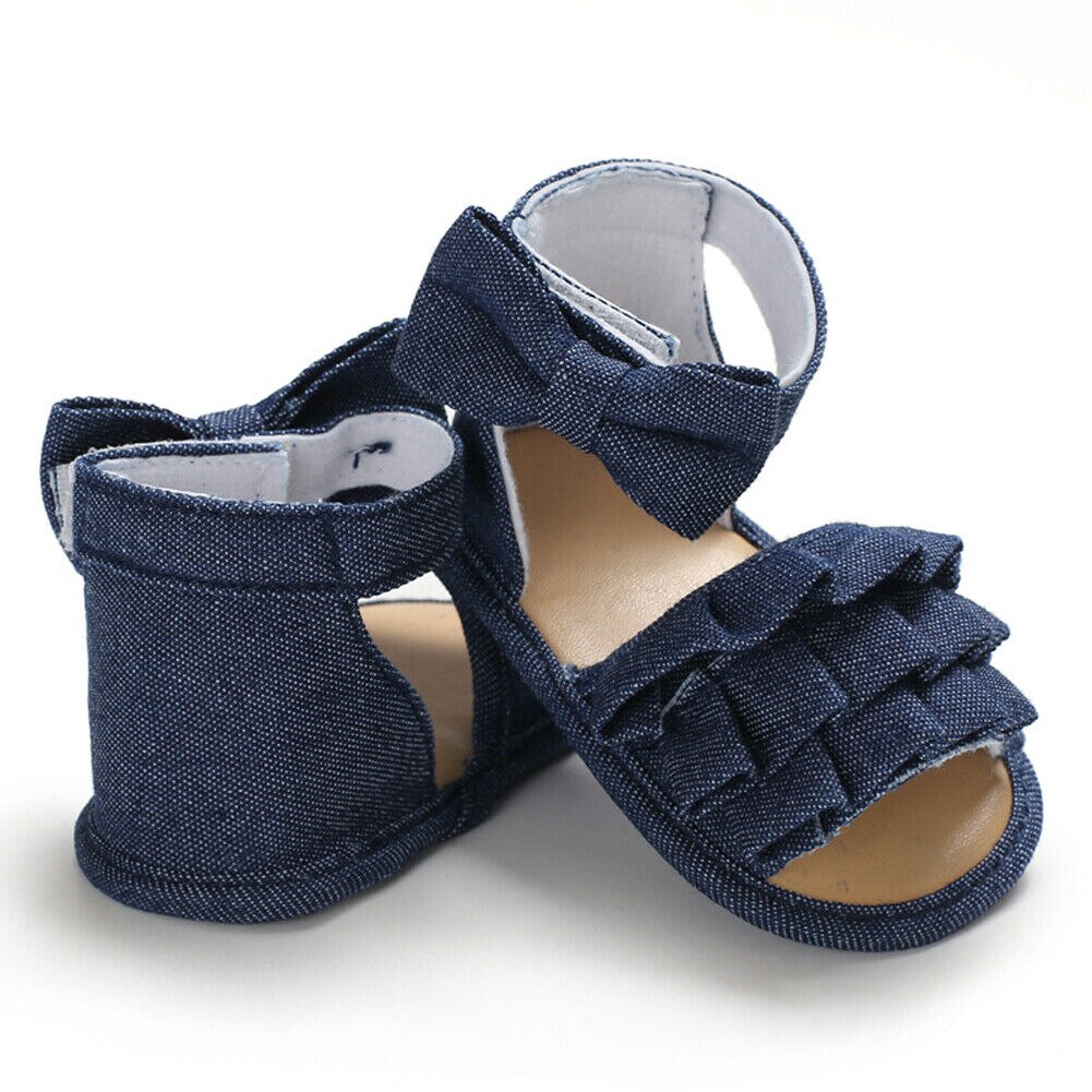 Cute Summer Baby Girls Sandals Ruffle Solid Casual Canvas Toddler Baby Girls Soft Crib Bow Shoes Princess Shoes Clogs: Blue / 0-6 Months