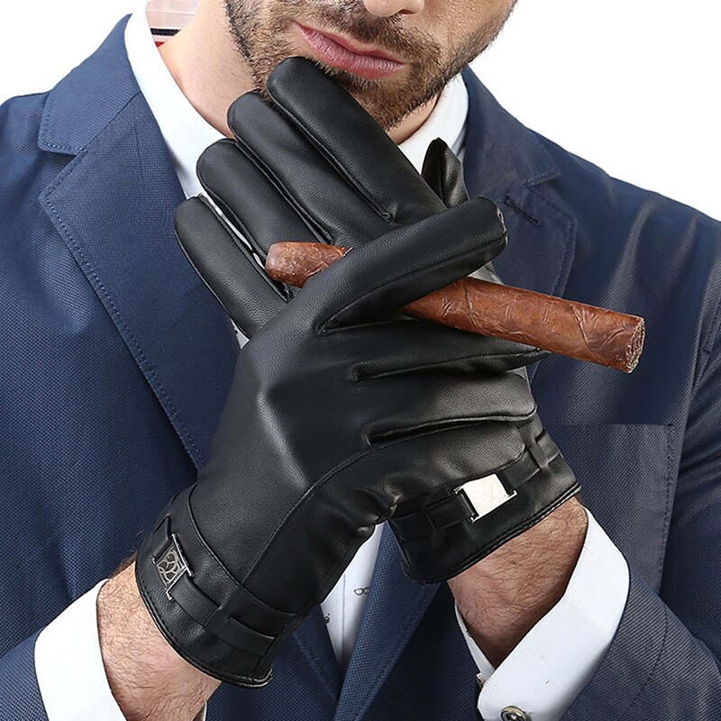 Guantes de cuero PU negro de para hombre, guantes de cuero para conducir de estilo fino para hombres, guantes antideslizantes con dedos completos, pantalla táctil de Palma