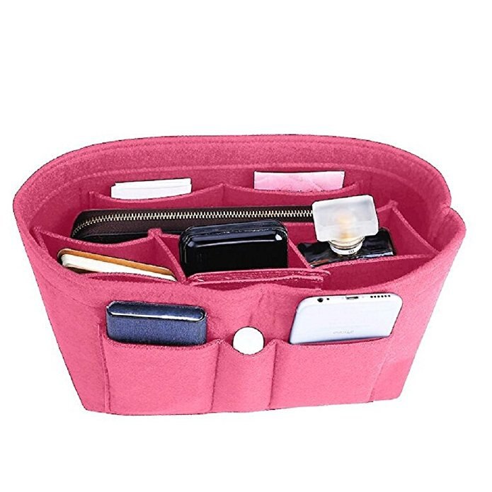 Ruputin kvinder makeup taske filt stof indsats taske organizer make up håndtaske dame rejse organisator multifunktionel kosmetik taske: Lyserød