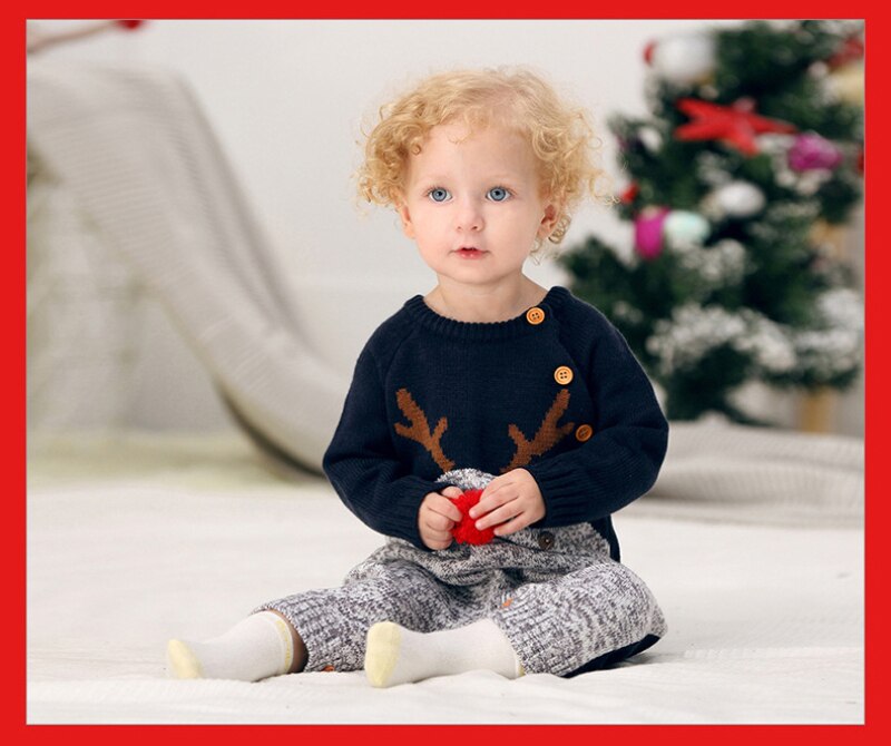 1pcs Knitted Cartoon Deer Romper Christmas Sweater Cartoon Christmas Elk Jumpsuits For Boys And Girls