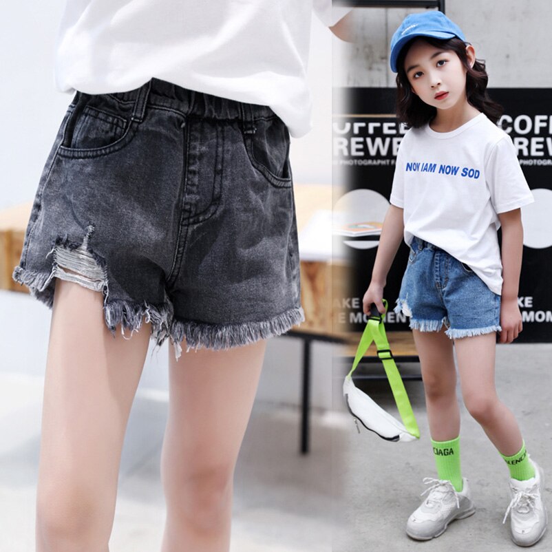Flickor hål korta jeans barn casual lösa byxor barn sommar shorts för tjej svart tofs jeans fickshorts tjej 3-12y