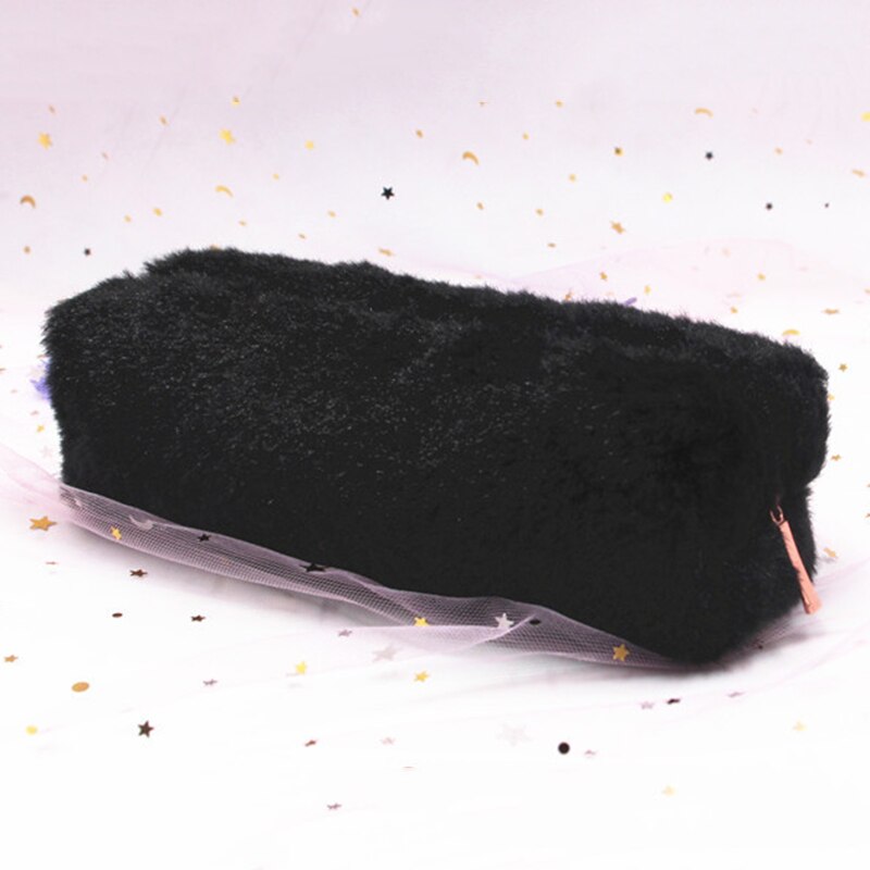 Leuke Pluche Potlood Pen Pouch Faux Fur Lichtgewicht Grote Capaciteit Stationaire Cosmetica Tassen Voor Studenten Meisjes SK88: Black
