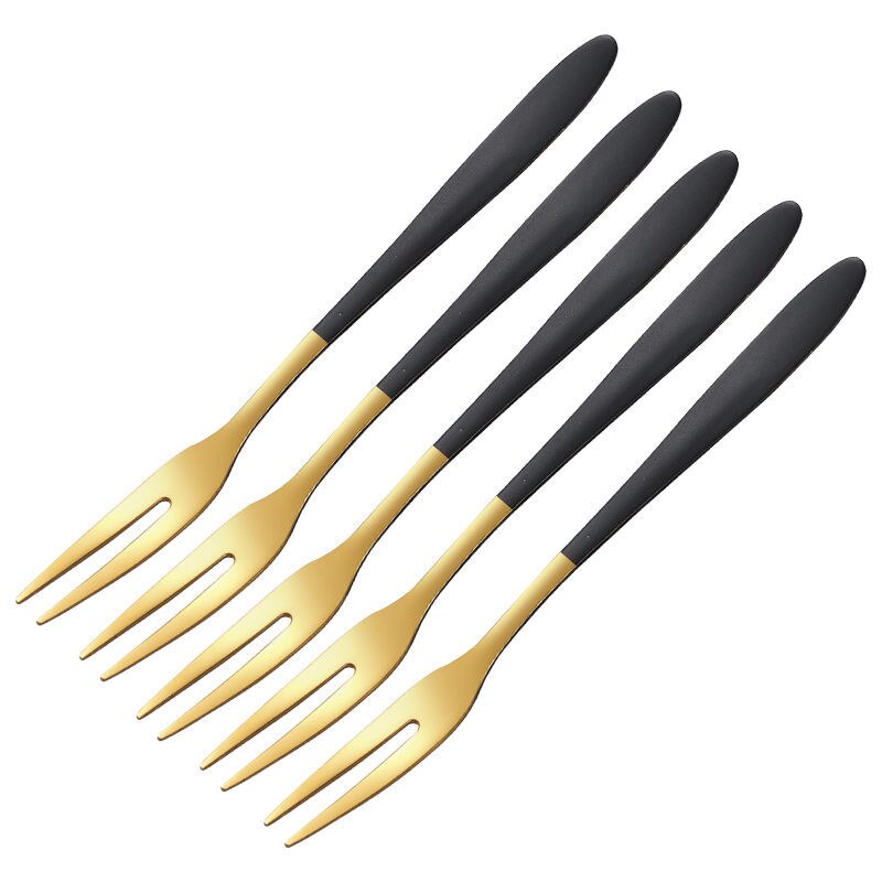 Fruit Fork Set Stainless Steel Fruit Fork INS Nordic Fruit Stick Fruit Plug Cute European Style Small Luxury: Black and Golden Fruit Fork   Five Pieces