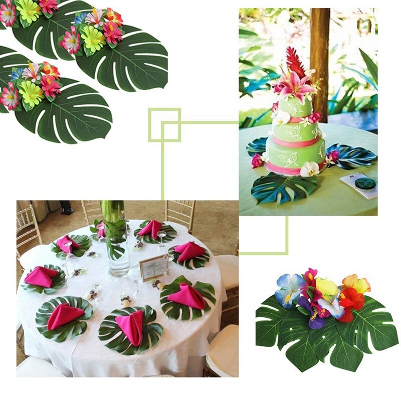 90Pcs Tropical Palm Leaves and Hibiscus Flowers, Artificial Leaves Plants Hibiscus Flowers Fete Deco, Hawaiian Party Jungle Beac