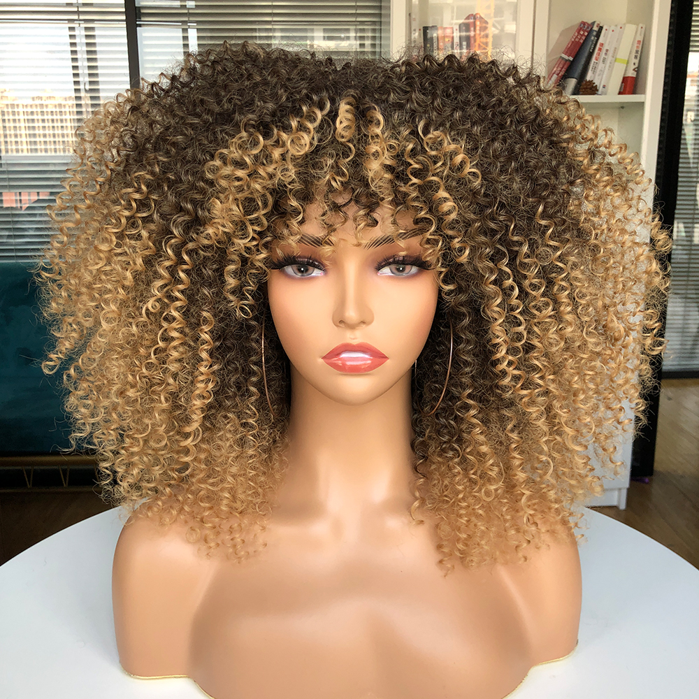 Pelucas rubias de pelo corto para mujeres negras, Afro, rizado, flequillo, Cosplay, Lolita, sintético, Marrón Natural, mezclado: T1/35