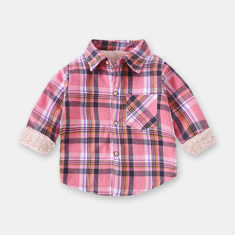 Shirt Herfst Winter Kinderen Plaid Top Plus Kasjmier Jongen Meisje Westerse Stijl Lam Fluwelen Shirt Lange Mouwen Winter kleding: Pink white grid / 110CM