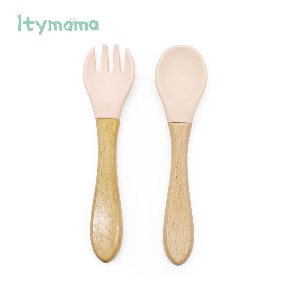 Baby Feeding Bowl Spoon Fork Food Tableware Kids Wooden Training Plate Silicone Suction Cup Removable Children's Dishes Goods: Peach
