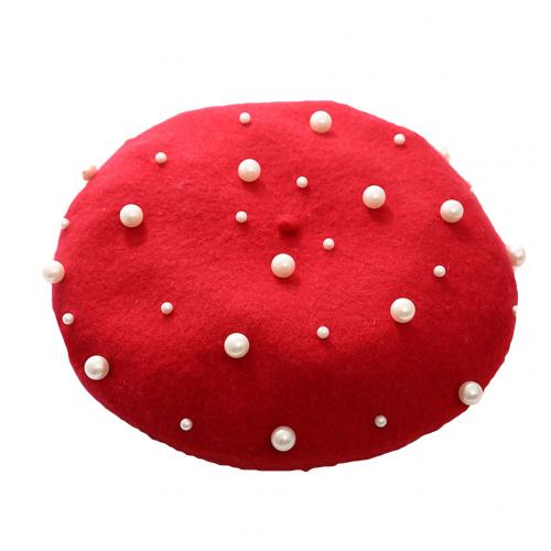 Béret en laine pour femme, couleur unie, automne-hiver, fausses perles, chaud, casquette de peintre, perles étoilées, rivets: Rouge