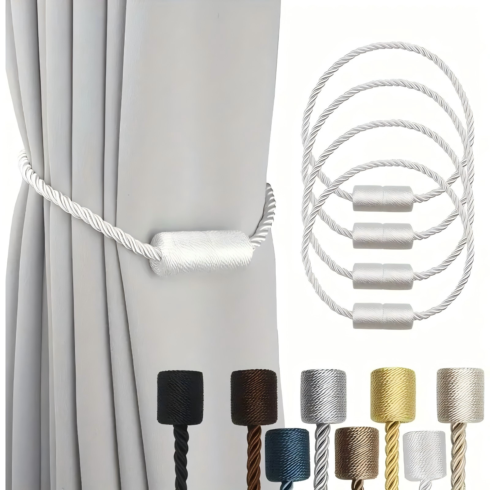 4-delige magnetische gordijnbanden, gordijngespen voor thuis, gordijnbanden voor vaste gordijnen en gordijnen, geschikt voor huisdecoratie voor slaapkamer en woonkamer: WHITE