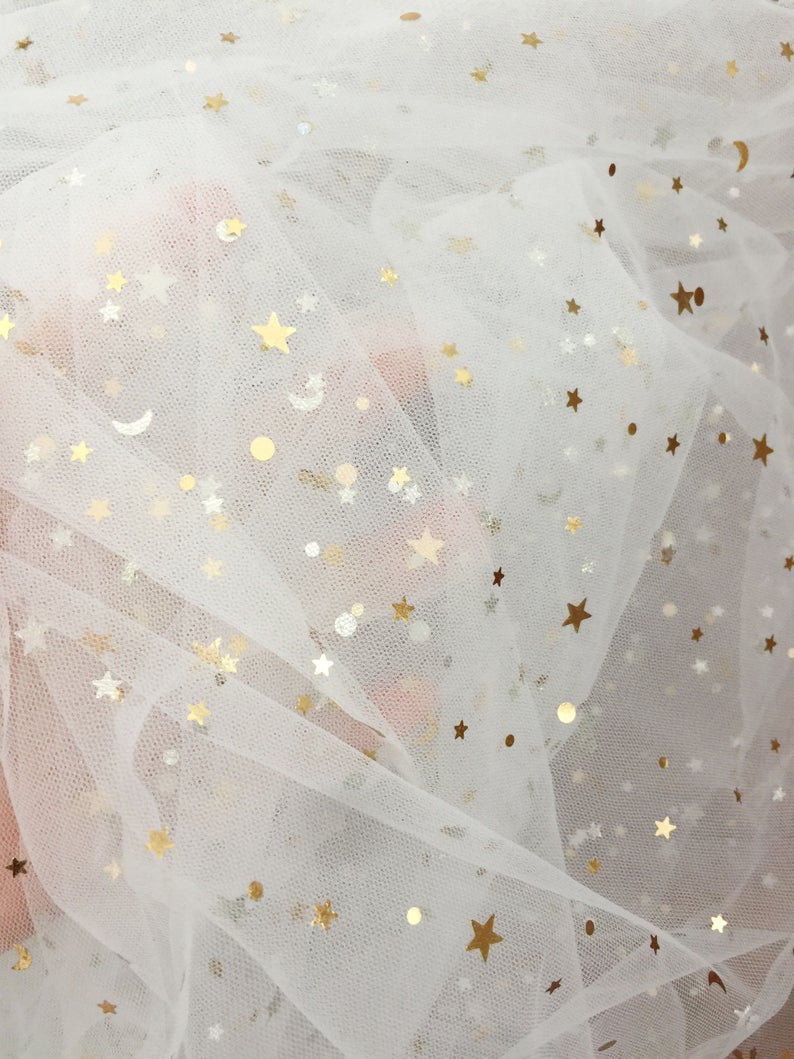 5 yards off white black tulle lace fabric with gold silver stars, bridal gown wedding dress fabric veils tutu dress 150cm wide: off white gold