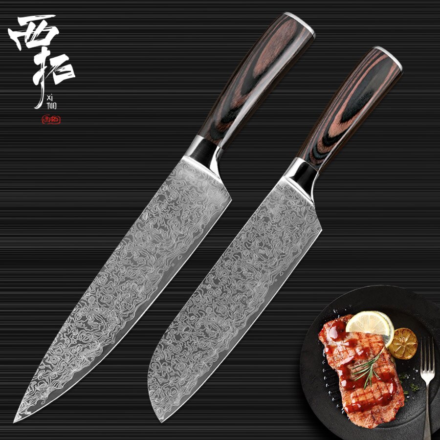 Xituo Sharp Keuken Mes Sets 2 Stuks Damascus Staal Patroon Japanse Chef Messen 8 "7" Inch Cleaver Santoku snijden Utility Messen