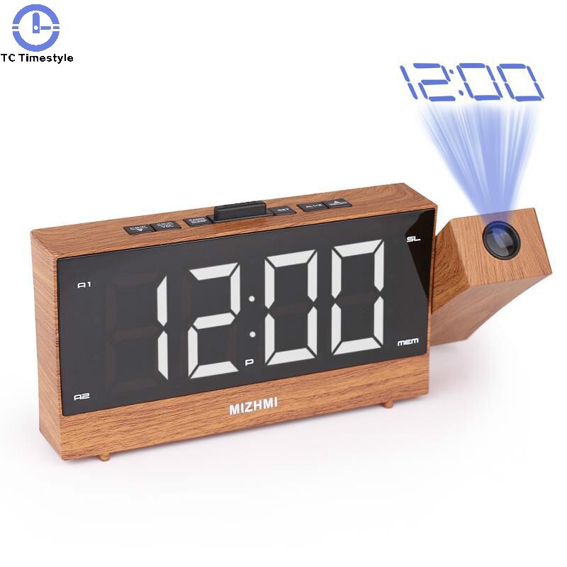 Projektion väckarklocka fm radio led display digital skrivbordsklocka 180 graders justerbar projektor snooze elektroniska dubbla larm