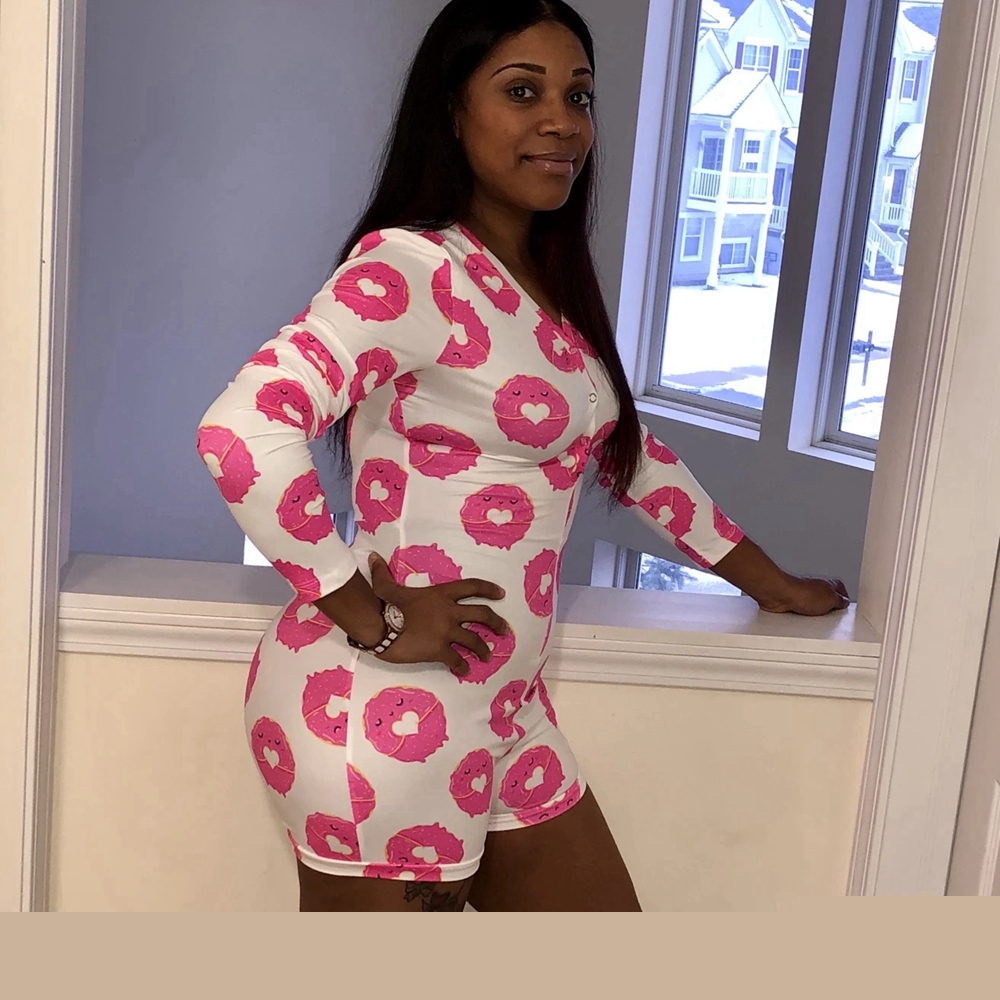 Sexy Onesies Vrouwen Nachtkleding Jumpsuit Lange Mouwen Diepe V-hals Bodycon Stretch Turnpakje Bodysuit Knop Korte Romper Pyjama