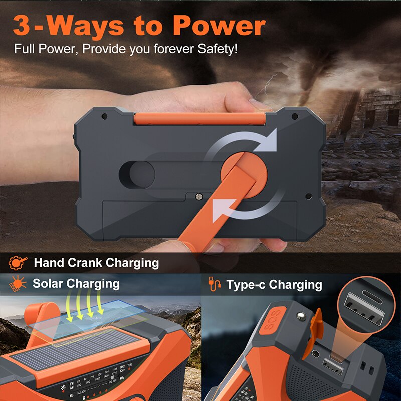 Emergency Radio 10000mAh Solar Hand Crank Portable AM/FM/NOAA SOS Radio with Flashlight&amp;Reading Lamp Cell Phone Charger radio