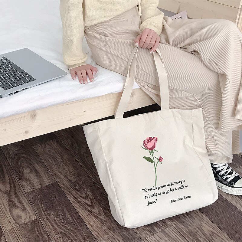 Vrouwen Canvas Schoudertas Jean-Paul Sartre Rose Borduren Boodschappentas Katoenen Doek Handtas Tote Boeken Tassen Voor College meisjes