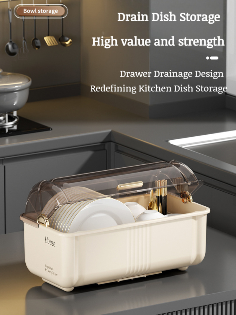 Household Storage Box Kitchen Dish Organizer Drainable Dish Organizer Flatware Storage Box with Lid