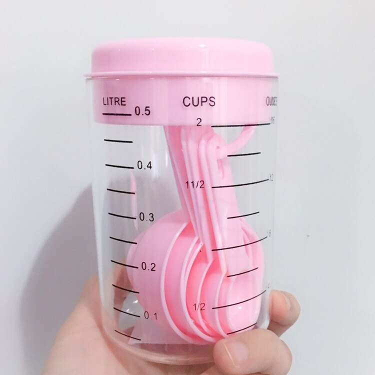 Plastic Measuring Cups Spoons Combination Measuring Tea Coffee Kitchen Utensils Baking Tools Baking Tray Kitchen Tools 7 pcs/set: Pink