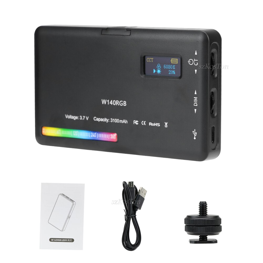 W140 RGB LED Video Light Photo Studio Photography Lamp 0-360° Full Color 2500 to 9000K 8W 3100mAh Dimmable Pocket Panel Lights