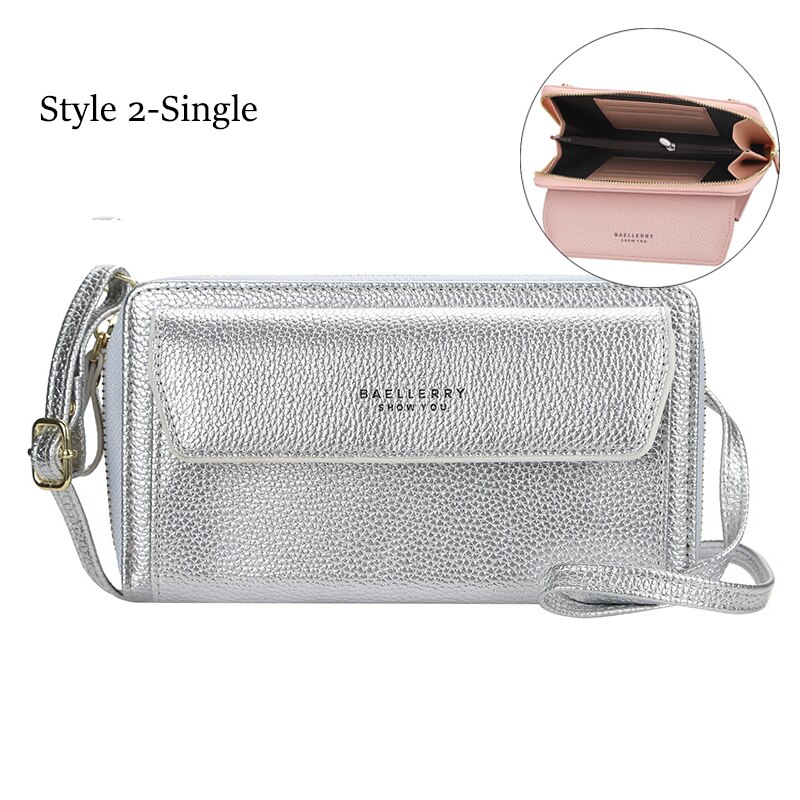 Bandoleras de piel sintética de doble capa para mujer, bolsos de gran capacidad, tarjeteros, cruzados,: Single-Silver