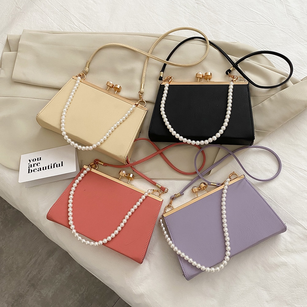 Casual PU Leather Clip Women's Shoulder Bags Pearl Handle Ladies Evening Clutch Purse Simple Solid Color Handbags