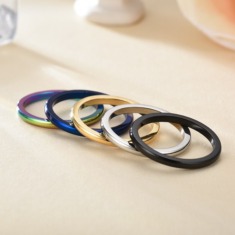 Mode 2mm Kleurrijke Regenboog Ring Rvs Ring Mannen Vrouwen Wedding Band Heren Dames Paar Ringen Sieraden Accessoires