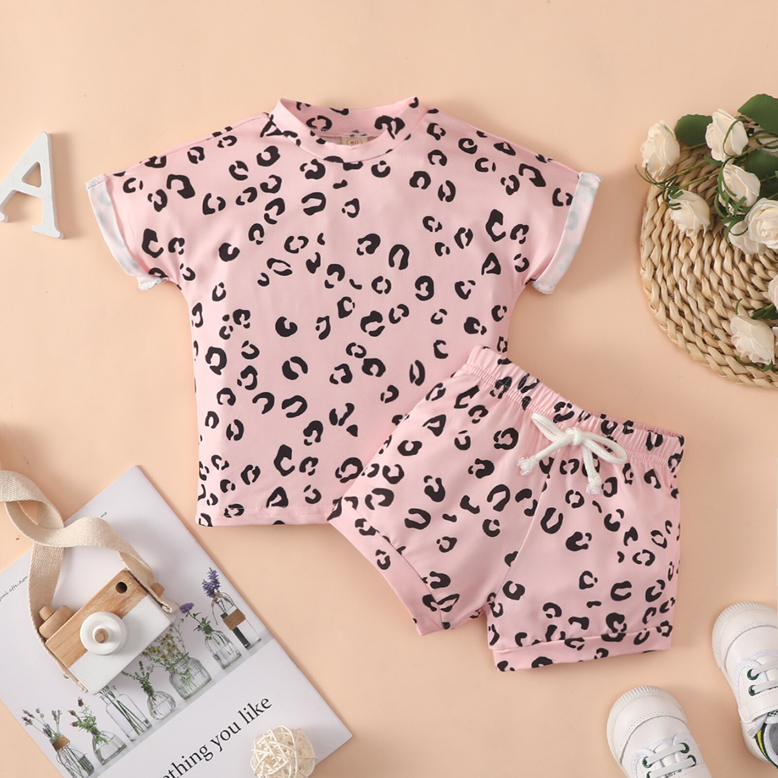 Pantaloncini estivi per neonate per bambini neonati completi girocollo manica corta stampa leopardo pantaloncini elastici in vita