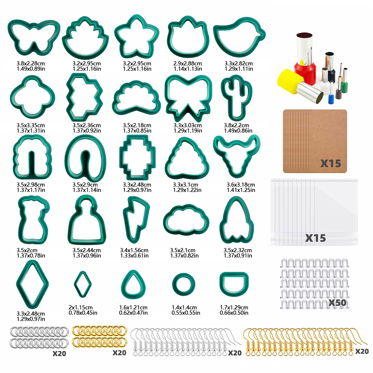 Set van 24/142/193 polymeerklei uitstekers, plastic klei oorbellen uitsteker, roestvrijstalen doe-het-zelf sieradenmal, accessoires voor het maken van oorbellen