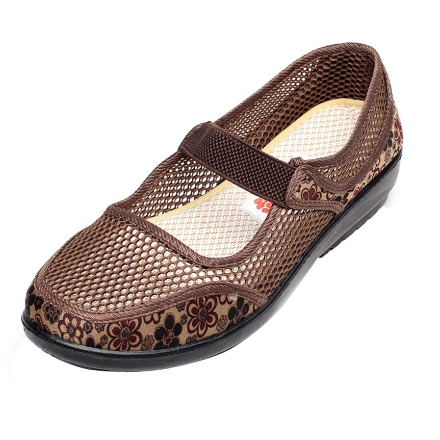Women's Net Shoes Flat Heel Breathable Hole Mesh Casual National Style Shoes Women Slip-On Outdoor Flat Soft Shoes: Coffee / 7.5