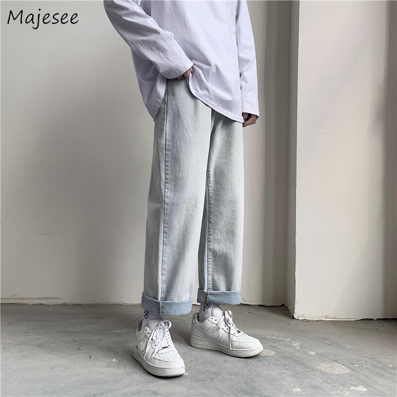 Heren jeans plus size 3xl koreaanse stijl effen mid-waist lang recht modieus gewassen bf losse studenten all-match denim broek