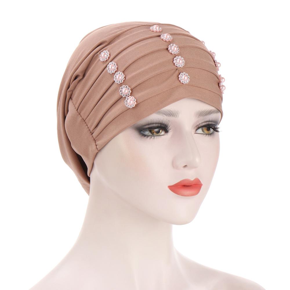 Vrouwen hoofddoek tulband mutsen parels hijab muts rekbare binnen hijabs moslim hoofddoek hoed vrouwelijke onderdoek mutsen