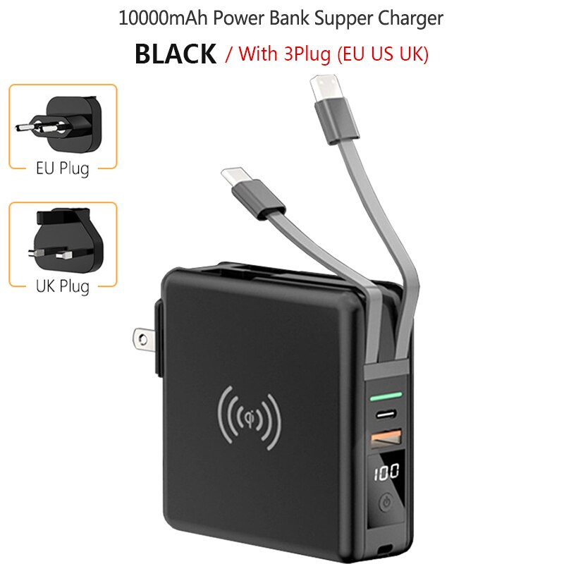 10000mah banco de potência portátil USB-C pd carga rápida 3.0 4.0 super carga plug 15w carregador sem fio para iphone xiaomi carregador rápido: 3 Plug Black