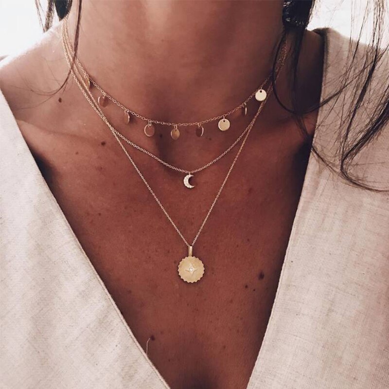 Collana del Choker Per Le Donne Dell'annata Boho Catena D'oro Collares Gioielli Terra Luna Rotonda Chic Layered Collane Pendenti Con Gemme E Perle Accessori: S6-Gold