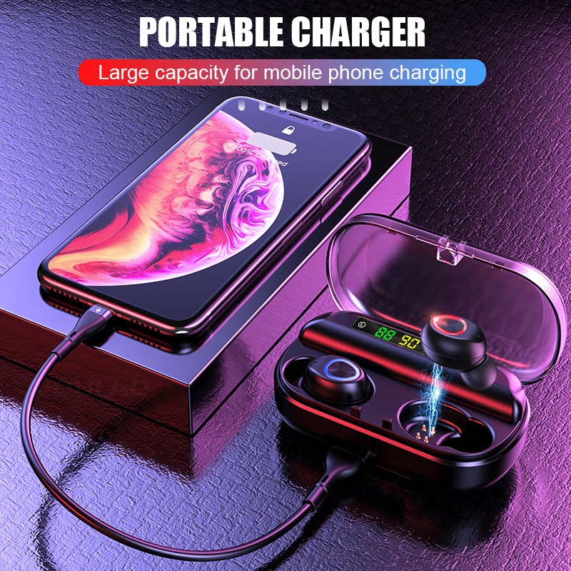 HKFZ Wireless Earphone Bluetooth V5.0 Sports Wireless Headphone LED Display Touch Control Stereo Earbuds with Microphone Headset